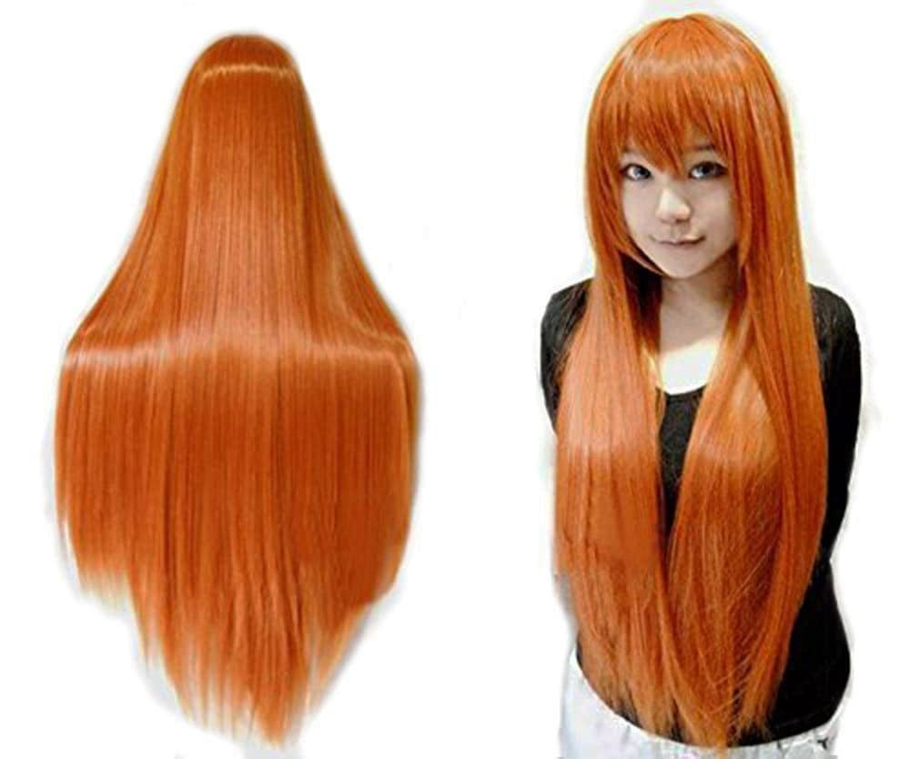 Hair Cap+32 In/ 80 Cm Long Straight Orange Wig with Bangs Synthetic Hair Peluca Naranja Cosplay Wigs for Anime Cosplay Wig Long Ginger Wigs with Bangs for Halloween Women Ginger Costume Wigs