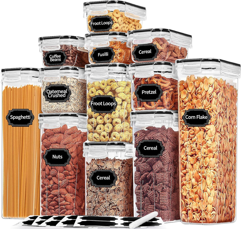 Airtight Food Storage Containers with Lids, 12PCS Plastic Kitchen Storage Containers for Pantry Organizers and Storage - Cereal, Rice, Flour and Sugar Containers with Labels & Marker