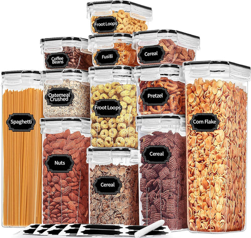 Airtight Food Storage Containers with Lids, 12PCS Plastic Kitchen Storage Containers for Pantry Organizers and Storage - Cereal, Rice, Flour and Sugar Containers with Labels & Marker