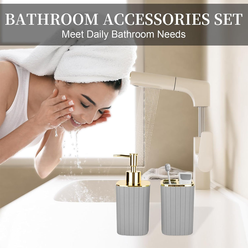 Grey Bathroom Soap Dispenser and Toothbrush Holder for Boho Bathroom Decor | 2 Piece Bathroom Accessories Set for Bathroom Countertop Storage and Housewarming Gifts