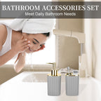 Grey Bathroom Soap Dispenser and Toothbrush Holder for Boho Bathroom Decor | 2 Piece Bathroom Accessories Set for Bathroom Countertop Storage and Housewarming Gifts