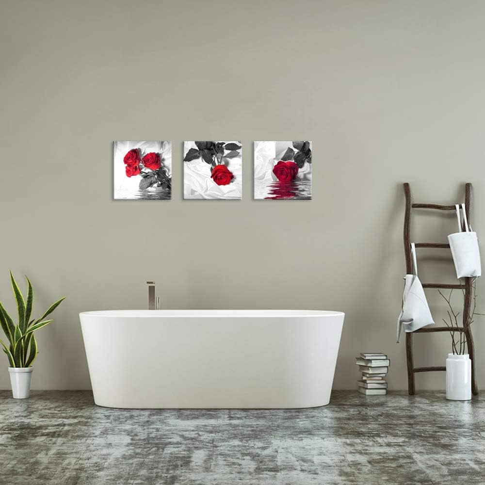 Canvas Print 3 Pcs Black White and Red Wall Art Rose Wall Decor Abstract Decorations Flower Picture on Canvas for Home Decor Stretched and Framed 12X12Inches