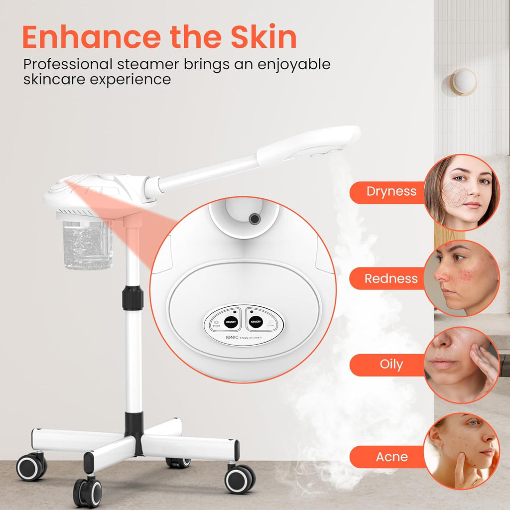 Professional Facial Steamer with Ozone, Vapor Ozono Facial Steamer Professional for Clean Skin, Firm Pores, Esthetician Steamer for Home or Salon Use, Adjustable Height and Angle,White