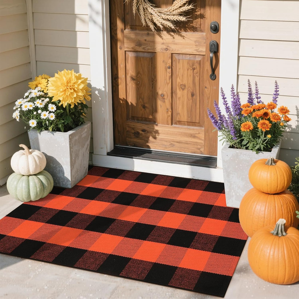Halloween Buffalo Plaid Outdoor Rug, Fall Decor Front Porch Rug | 2'4" X 3'7" Black and Orange Washable Thanksgiving Layered Door Mat, Cotton Woven Fall Entryway Rugs for Kitchen Patio