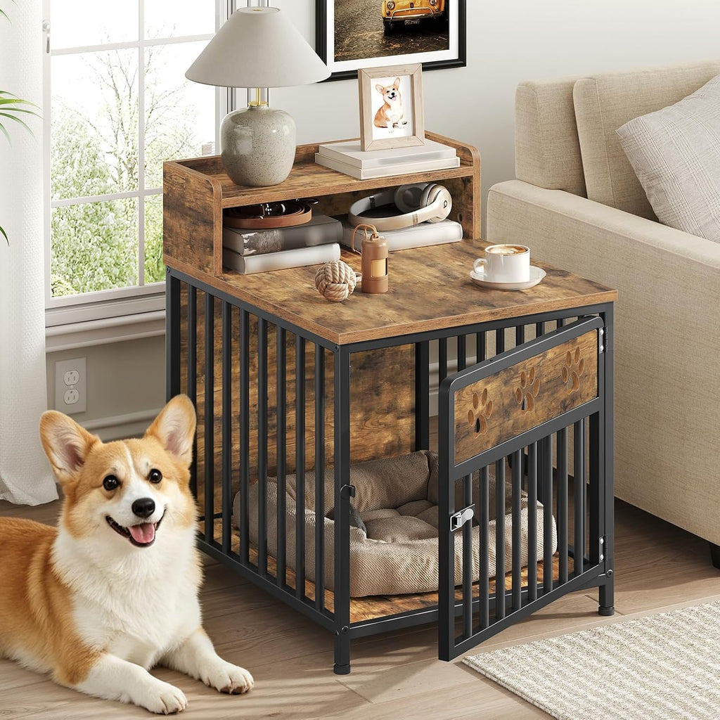 Dog Crate Furniture, Wooden Dog Kennel with Storage, Indoor Pet Crate End Table, Two-Tier Small Dogs House, Chew-Proof, for Living Room, Bedroom, Black and Rustic Brown DC01BR