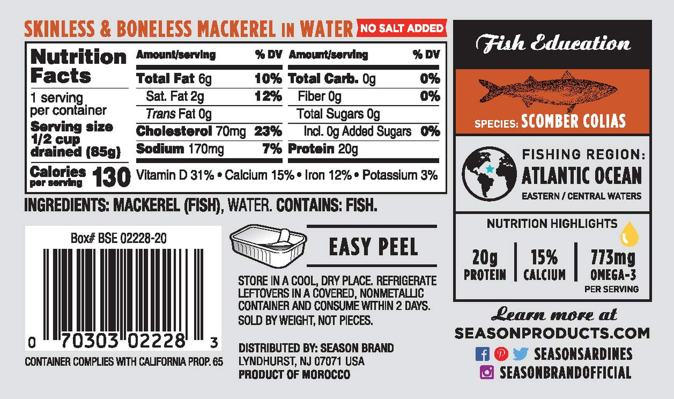 Mackerel in Water - Skinless & Boneless, No Salt Added, Wild Caught, Keto Snacks, Canned Mackerel Fillets, Full of Vitamins, Low in Mercury, Kosher, Non-Gmo, 20G of Protein - 4.37 Oz, 12-Pack