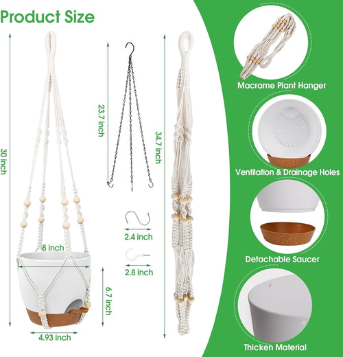 8'' Self Watering Hanging Planters with 2 Kinds of Plant Hangers,2 Pack | Hanging Planters for Indoor Outdoor Plants, Drainage Holes, Removable Tray, Hanging Basket for Home Garden