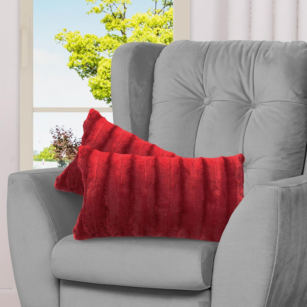 Faux Fur Throw Pillows - Decorative Pillows for Couch, Bed Throw Pillows, Maroon Accent Pillows for Bedroom or Living Room Aesthetic, Set of 2 Furry Throw Pillows, 12" X 20"