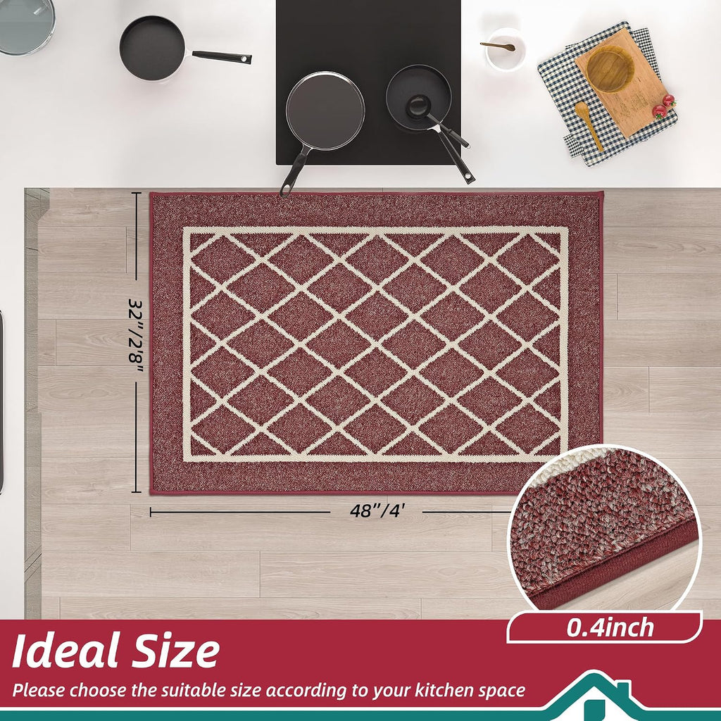 Kitchen Rugs Non Slip Washable Kitchen Mat, Red, 32X48In | Washable Easy Care Kitchen Rug, Absorbent Kitchen Mats for Floor, Stain Resistant Durable Rugs for Kitchen