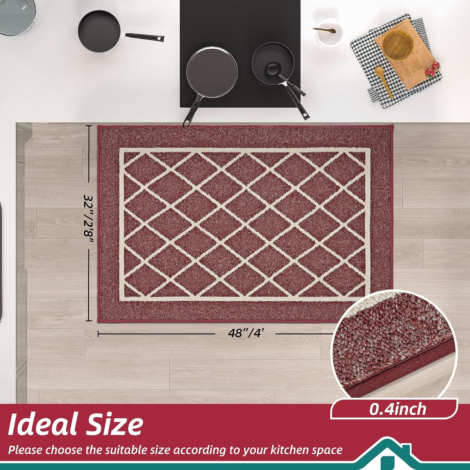 Kitchen Rugs Non Slip Washable Kitchen Mat, Red, 32X48In | Washable Easy Care Kitchen Rug, Absorbent Kitchen Mats for Floor, Stain Resistant Durable Rugs for Kitchen