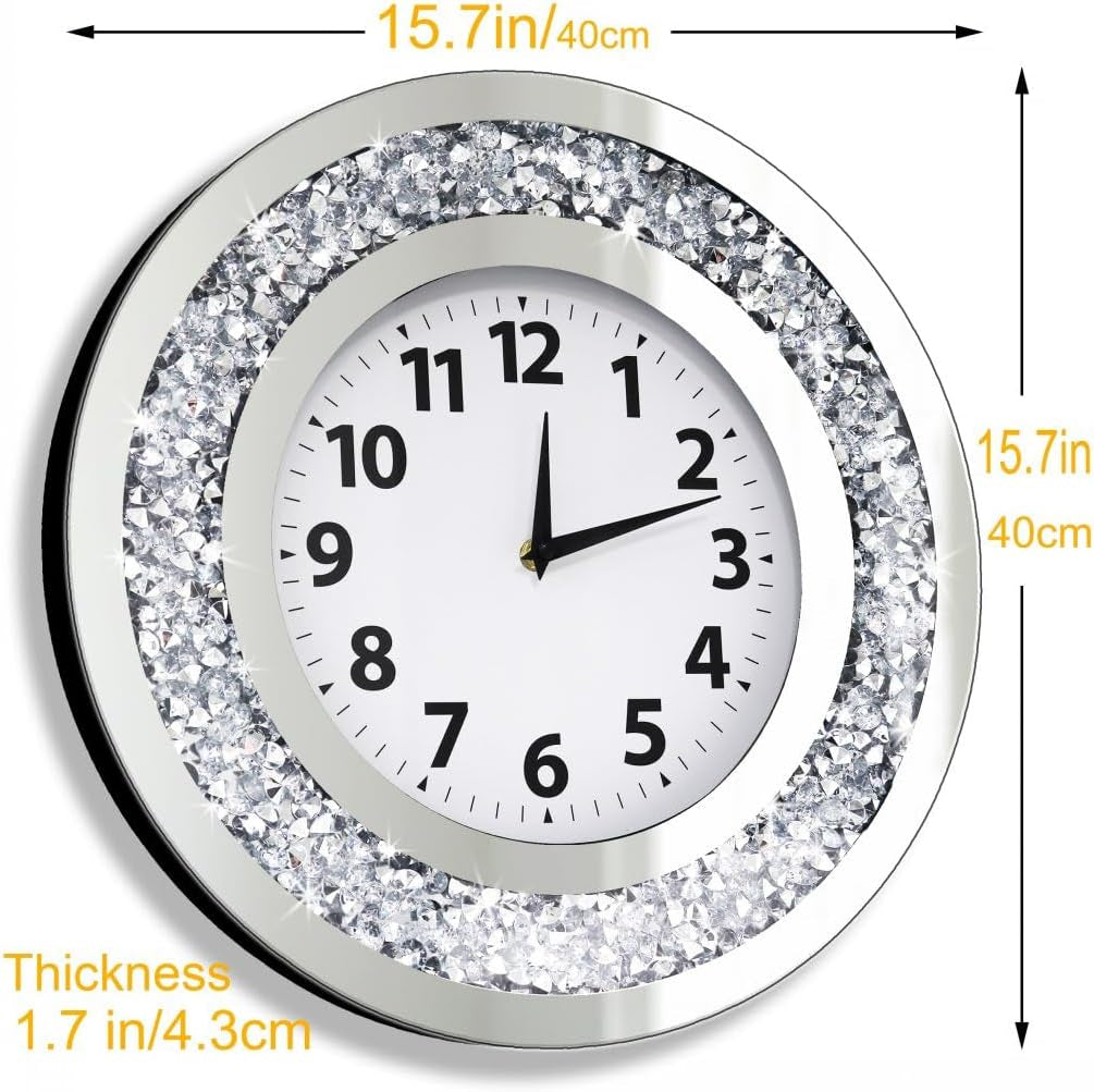 Acrylic Glass Diamond Decor round Clock, 15.7X15.7X1.7 Inches Silver Glass round Decorative Clock, Silent Quartz Movement (No Second Hand), Modern Sparkle Home Decor (AA Battery Not Included)
