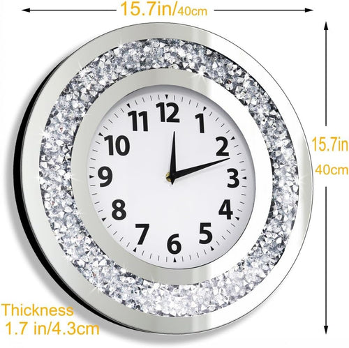 Acrylic Glass Diamond Decor round Clock, 15.7X15.7X1.7 Inches Silver Glass round Decorative Clock, Silent Quartz Movement (No Second Hand), Modern Sparkle Home Decor (AA Battery Not Included)