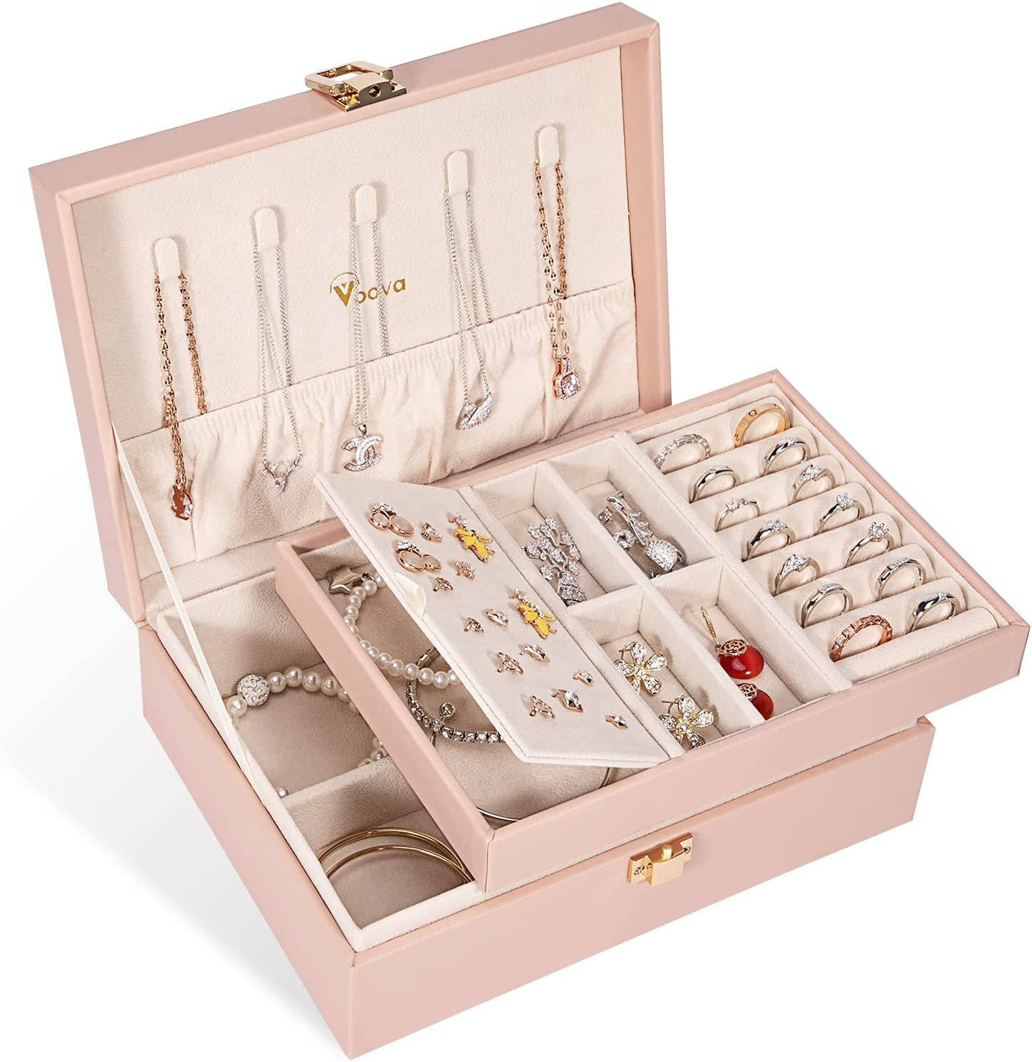 2 Layer Jewelry Box Organizer with Removable Tray, Vintage Gift, Pink | 2-Layer PU Leather Jewelry Organizer with Removable Tray for Necklaces, Earrings, Rings and Bracelets; for Women and Girls