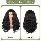 Wavy Half Wig, 3 in 1 Drawstring Seamless Wave Half Wigs for Black Women, Glueless Clip-In & Flip-Over Synthetic Wig, Black-1 26 Inch