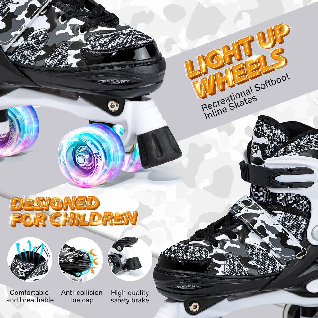 Boys and Girls Camo Adjustable Roller Skates with Light up Wheels, Fun Illuminating Rollerskate for Kids Girls Youth