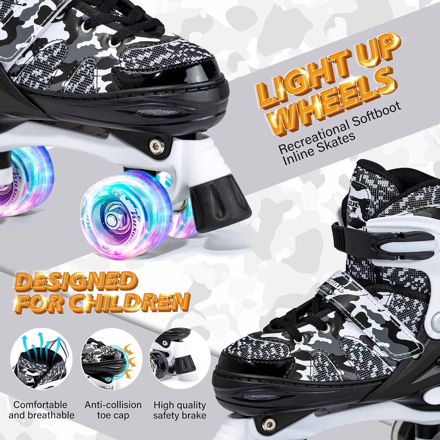 Boys and Girls Camo Adjustable Roller Skates with Light up Wheels, Fun Illuminating Rollerskate for Kids Girls Youth