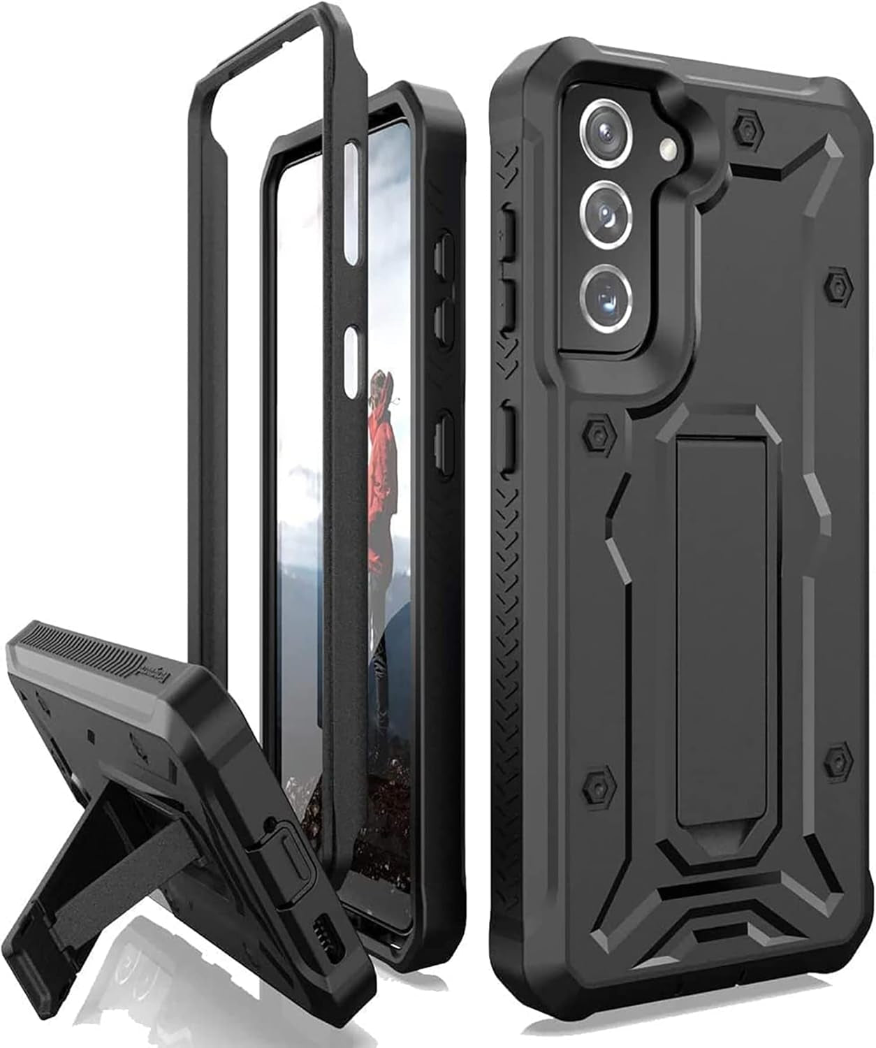 Vanguard Compatible with Samsung Galaxy S21 Case, Military Grade Full-Body Rugged with Built-In Kickstand [Screenless Version] (Black)