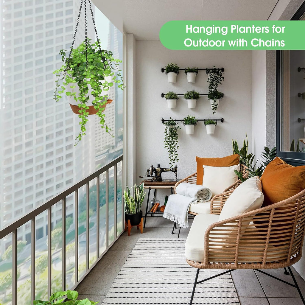 8'' Self Watering Hanging Planters with 2 Kinds of Plant Hangers,2 Pack | Hanging Planters for Indoor Outdoor Plants, Drainage Holes, Removable Tray, Hanging Basket for Home Garden