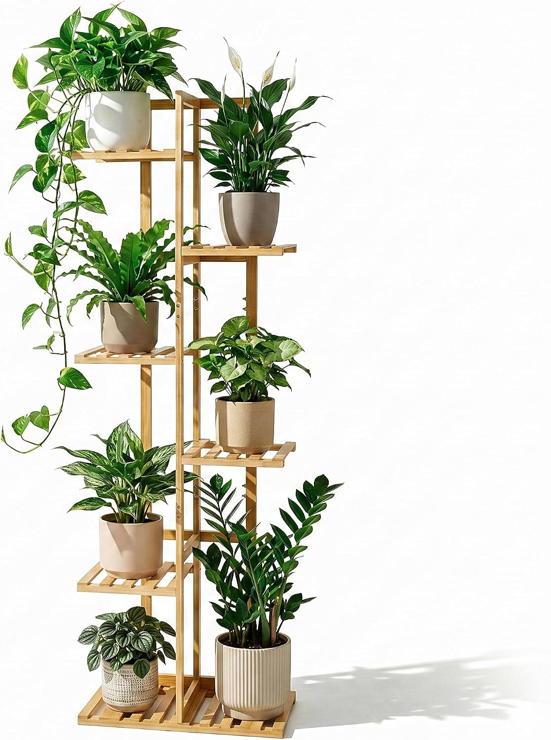 48 Inch Tall Bamboo Plant Stand for Indoor, 6 Tier 7 Potted, Natural | Corner Plant Stand, Tiered Plant Shelf, Planter Holder for Multiple Plants Indoor, Boho Style