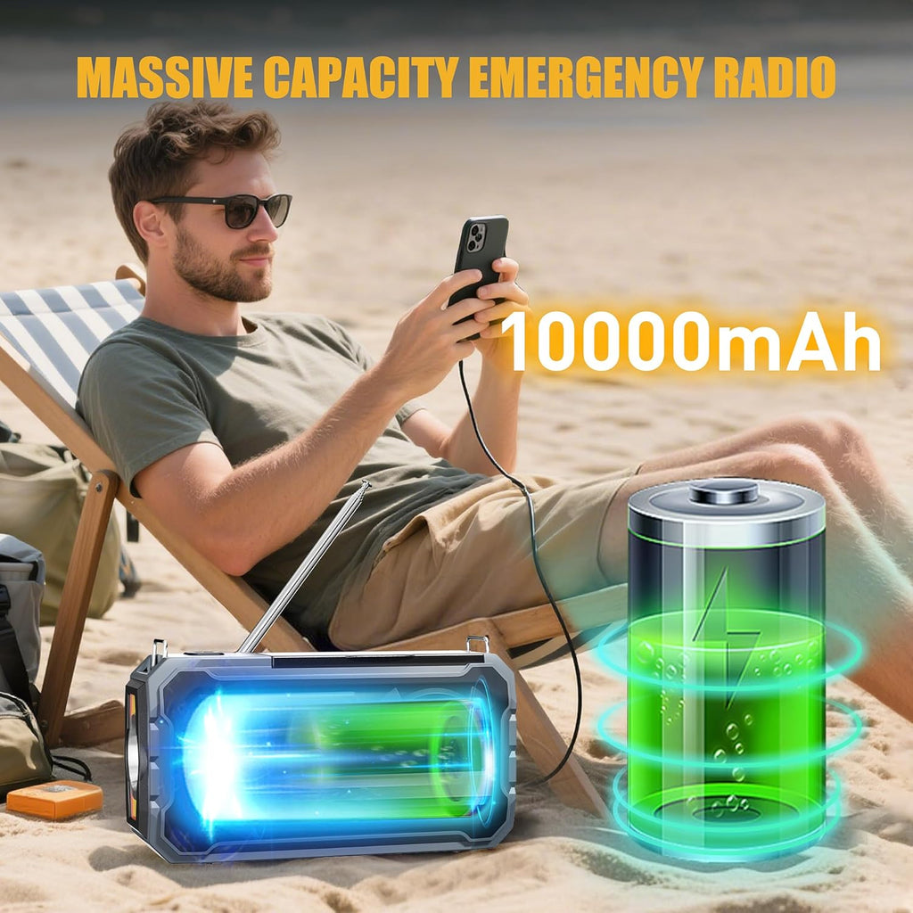 Hand Crank Emergency Radio 10000Mah Weather Radio with AM/FM/NOAA, Grey | Emergency Weather Radio with Solar Prower SOS Phone Charging LED Flashlight, Survival Gear for Outdoor Home Emergencies Kits