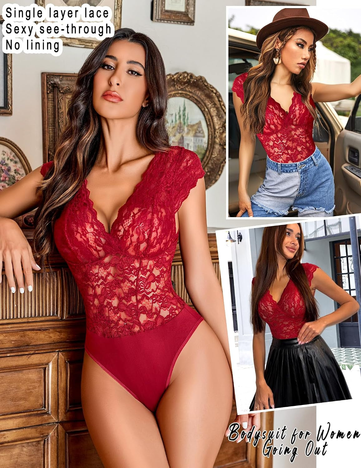 Lace Bodysuits for Women Sexy V Neck Sheer Bodysuit Tops Snap Crotch One Piece Teddy
