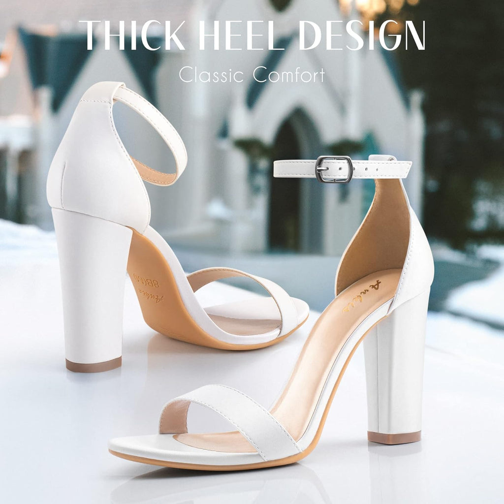 White Heels Wedding Shoes for Bride Women Chunky Heels Pearl High Heels Heeled Sandals 4 Inch