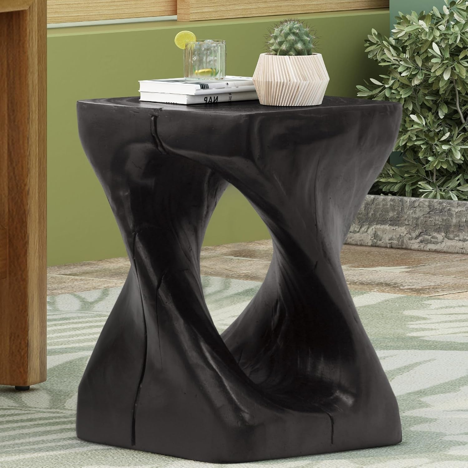 Twist Shape MGO Accent Side Table Set, Unique Modern End Table with Wide Pedestal & Tabletop, Small Drink Tables for Living Room, Bedroom Night Stand Bedside Table, No Assembly Required, Black