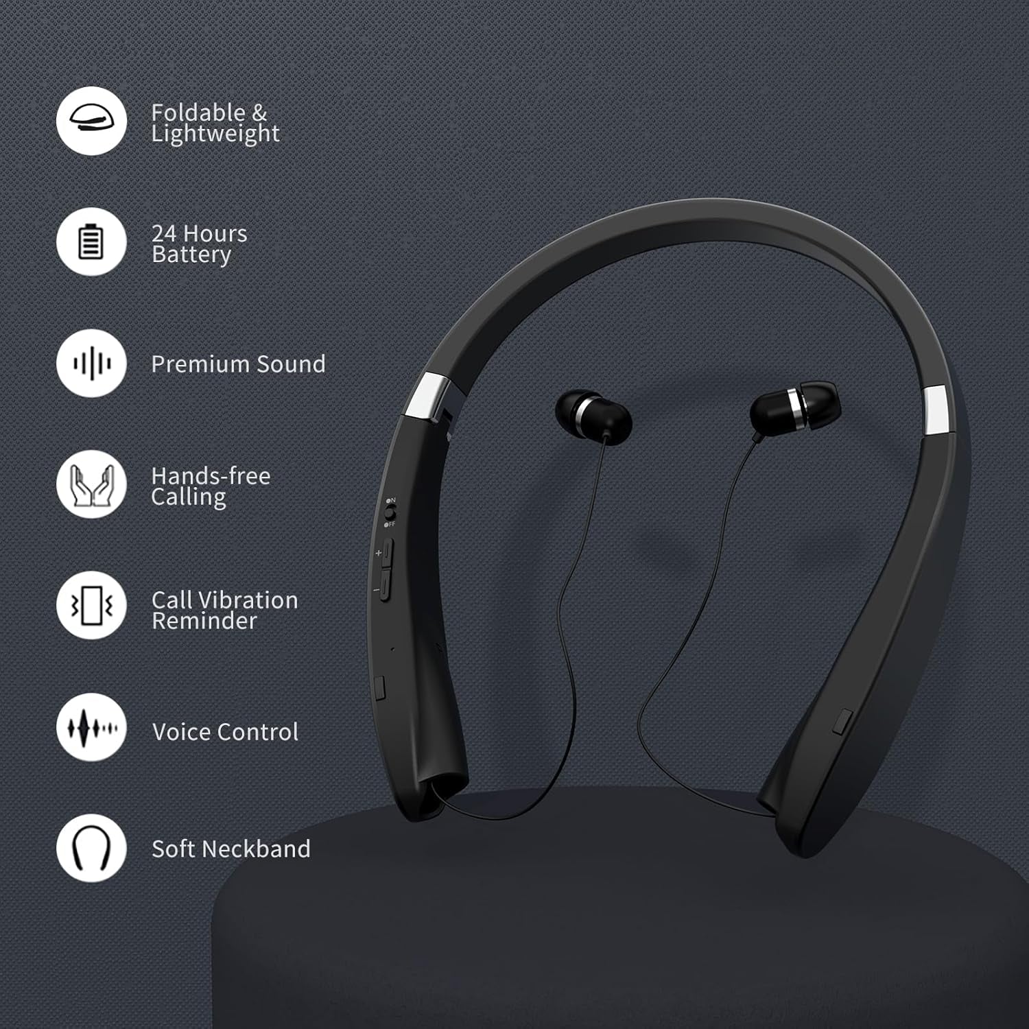 Bluetooth Neckband Headphones,  Foldable Wireless Lightweight Neck Headset with Retractable Earbuds, Noise Cancelling Sweatproof Stereo Earphones with Mic & Carrying Case (Black)