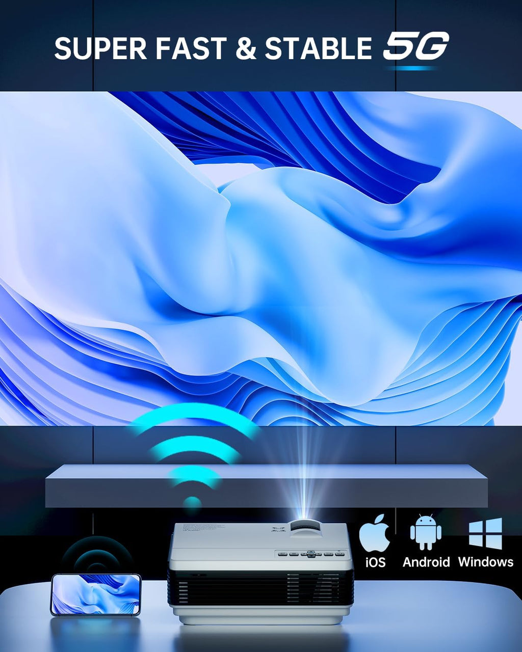 Projector with Wifi and Bluetooth,  450 ANSI 5G Wifi Native 1080P Portable Projector W/ Bag, 4K Support, Zoom, Outdoor Movie Mini Projector for Ios/Android/Tv Stick/Hdmi/Usb