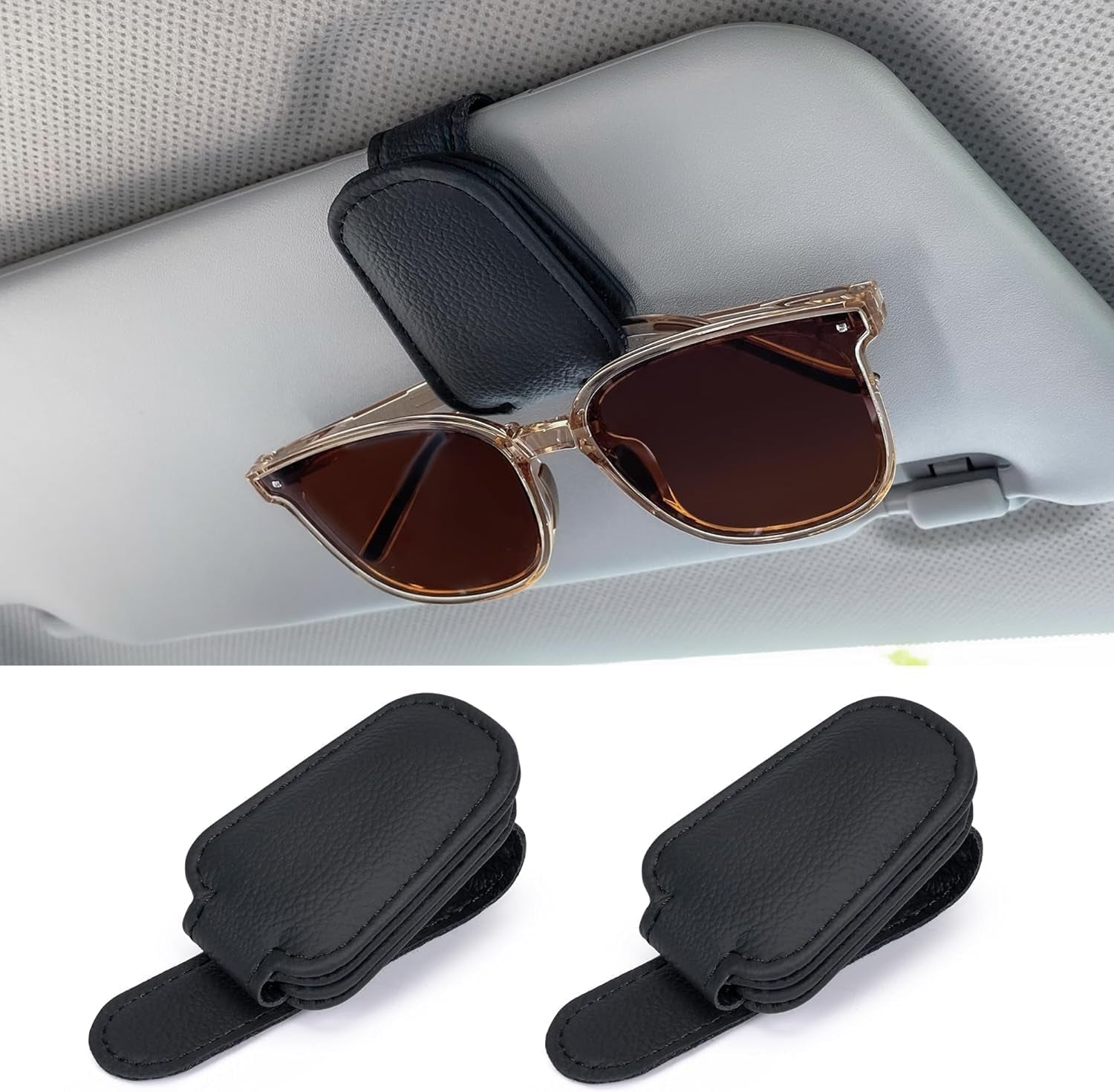 Sunglasses Holders for Car Sun Visor, 2Pack Magnetic Leather Glasses Eyeglass Hanger Clip for Car, Visor Sunglasses Holder Clip Car Accessories for Truck | Magnetic Leather Eyeglass Hanger Clip for Car Visor, One-Hand Easy Operation, Interior Car Accessories for SUV & Truck