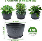 10 Inch Flower Pots Planters for Outdoor Indoor, 3 Pack Plastic Plant Pots with Drainage Hole & Tray, Modern Decorative Garden Pot with Saucer, Planters for House (Gray)