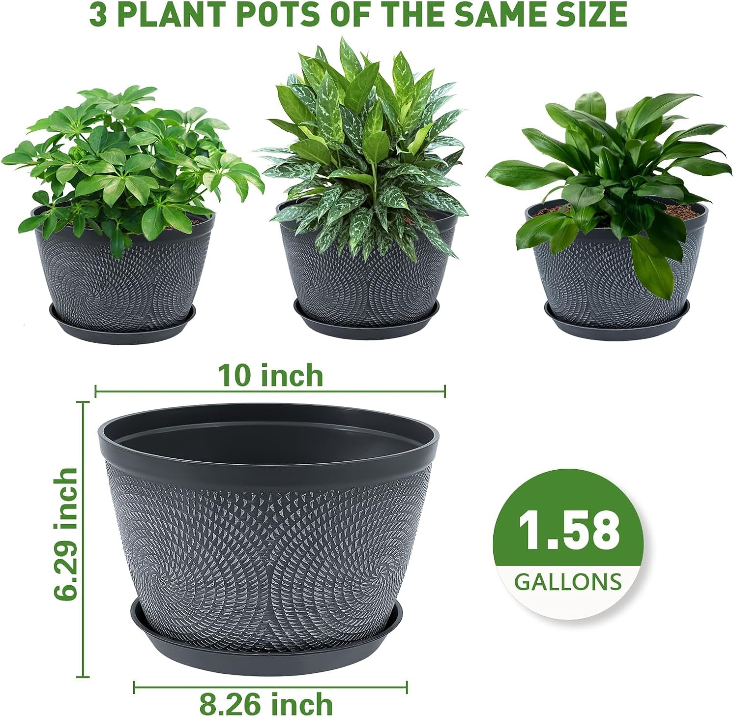 10 Inch Flower Pots Planters for Outdoor Indoor, 3 Pack Plastic Plant Pots with Drainage Hole & Tray, Modern Decorative Garden Pot with Saucer, Planters for House (Gray)