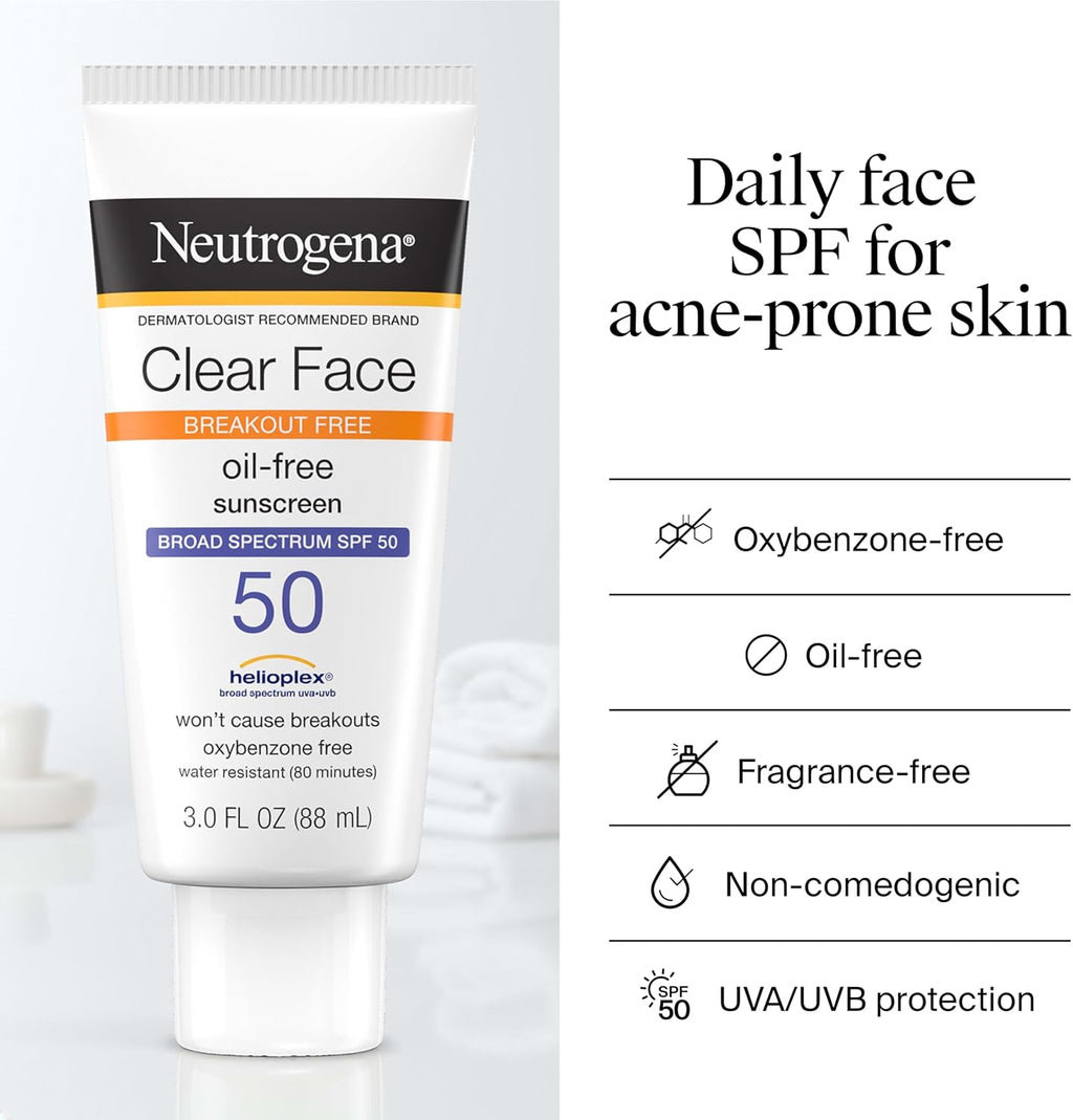 Neutrogena Clear Face Sunscreen Lotion SPF 50, 3 Fl. Oz | for Acne-Prone Skin, Broad Spectrum UVA/UVB Protection, Fragrance-Free, Oxybenzone-Free, Water-Resistant