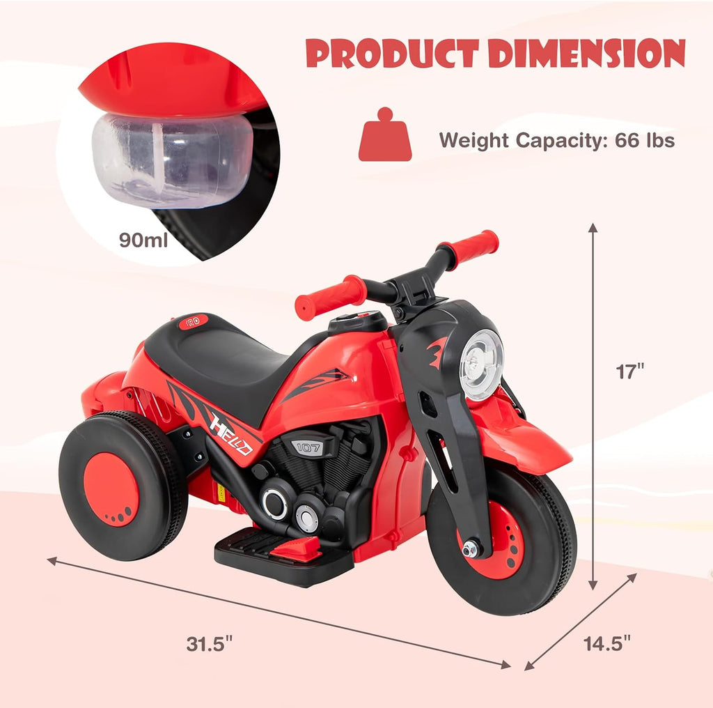 Kids Motorcycle, 6V Electric Ride on Car with Automatic Bubble Function, Foot Pedal, Headlight, Music, 3 Anti-Skip Wheels Vehicle for Children, Toddler Ages 3+