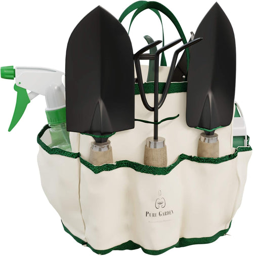 8-Piece Garden Hand Tool Set - Canvas Tote Gardening Tool Kit with Snip, Pruner, Rake, Trowel, Shovel, Spray Bottle, and Soft Wire Tie by