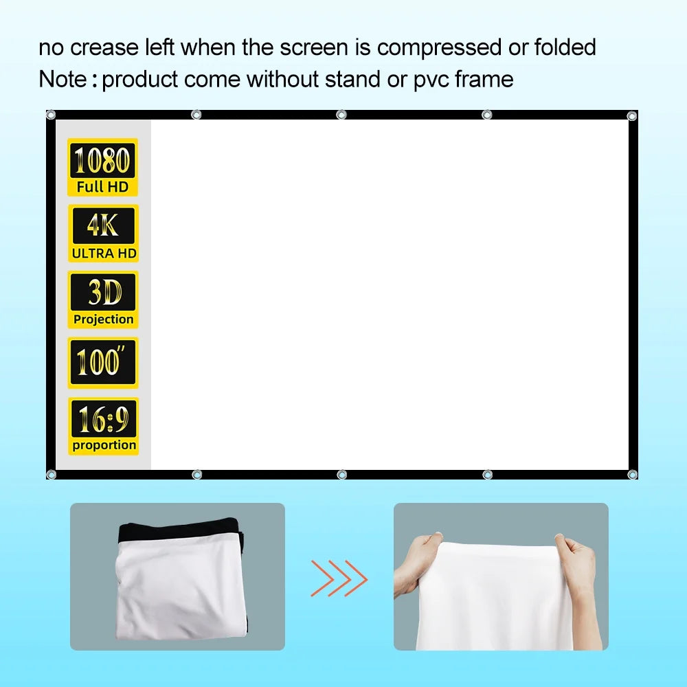 Projection Screen 100 Inch 16:9  Projector Screen Portable Outdoor Indoor Wrinkle-Free 4K HD Wall-Mounted Backyard Movie Night Camping Office Presentation (221X125Cm)