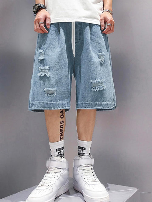 Baggy Jean Shorts Men, Y2K Jorts Cargo Ripped Elastic Waist, Mens Denim Shorts Comfy Casual Streetwear Summer