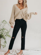 Women'S Chunky Knit Open Front Cardigan Sweaters Fall Outfits | V Neck Button Loose Short Cardigan Outerwear Coats, Slouchy Drop Shoulder Loose Cute Sweaters, Fall Clothes for Work & Office