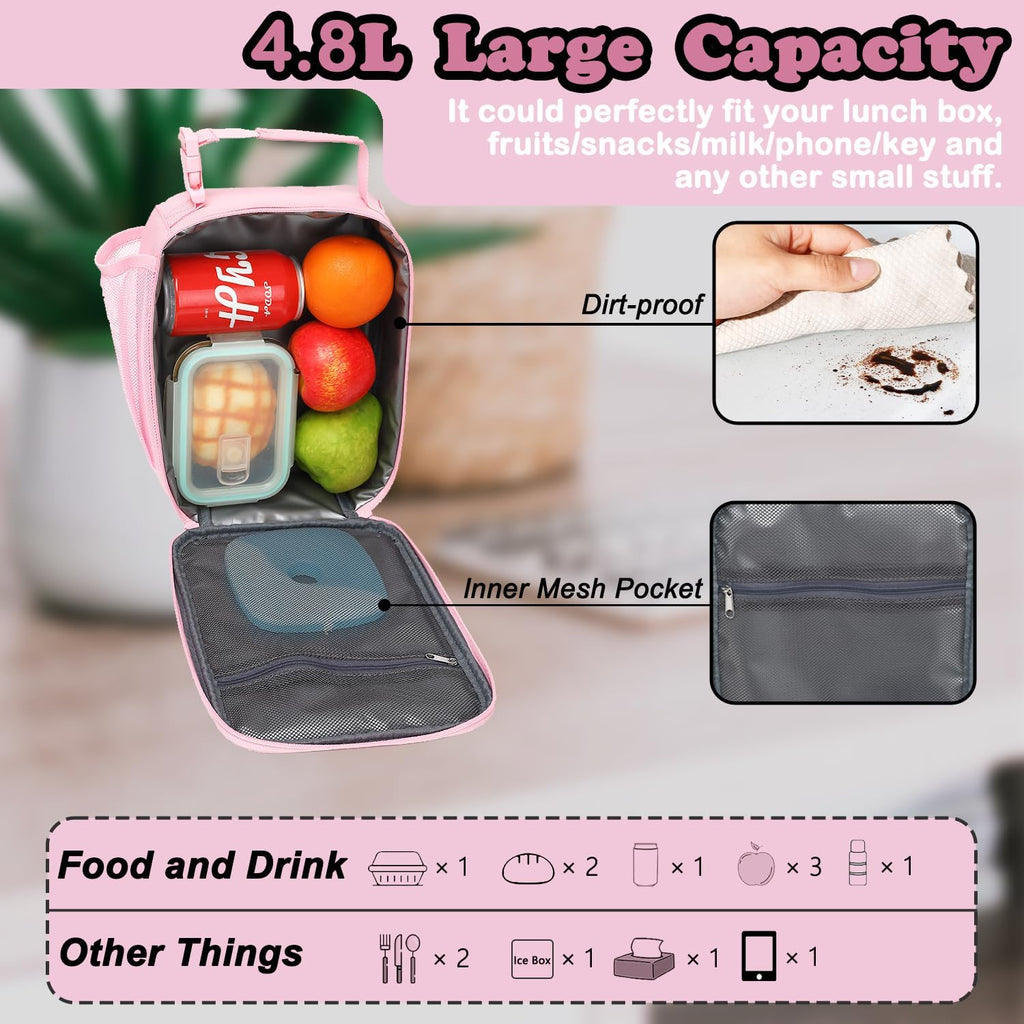 Lunch Box Insulated Soft Bag Mini Cooler Back to School Thermal Meal Tote Kit with Buckle and Mesh Side Pocket for Girls, Boys, Pinkwithletter