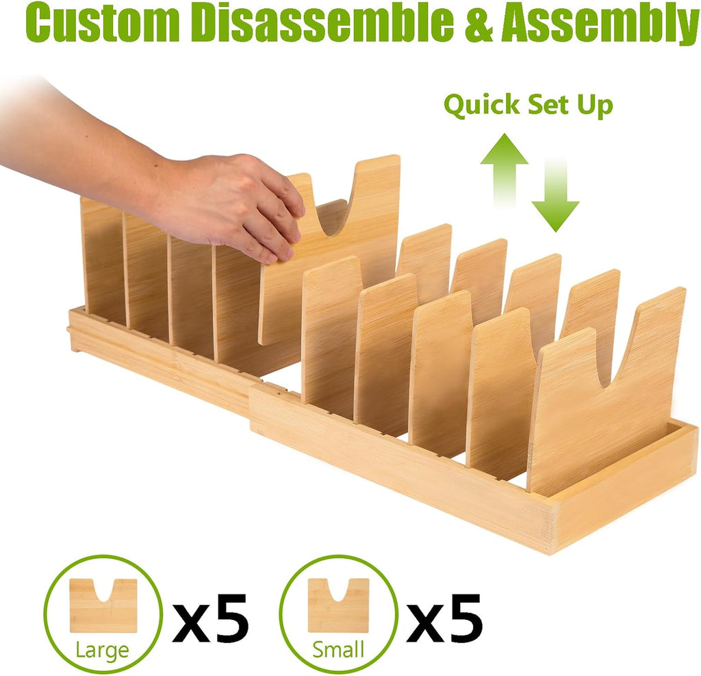 Pots and Pans Organizer for under Cabinet - Expandable Bamboo Pot Lid Organizer, Pan Organizers inside Cabinet, Drawer Pot Lid Holder Rack for Kitchen Organization and Storage