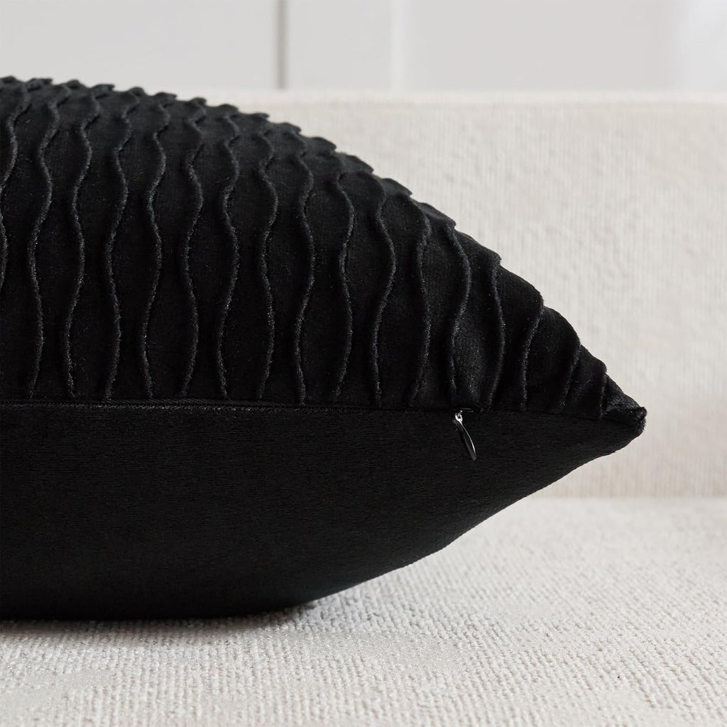 Black Vertical Ripple Striped Decorative Pillow Covers: Pack of 2 22X22 Inch Velvet Square Throw Pillow Cases for Farmhouse Couch Sofa Bed Living Room Home Decor