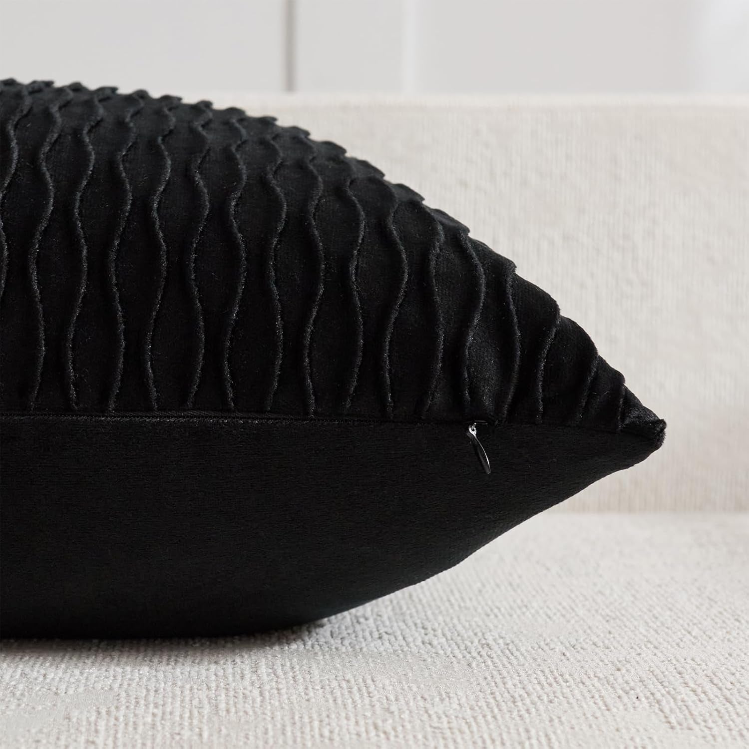 Black Vertical Ripple Striped Decorative Pillow Covers: Pack of 2 22X22 Inch Velvet Square Throw Pillow Cases for Farmhouse Couch Sofa Bed Living Room Home Decor