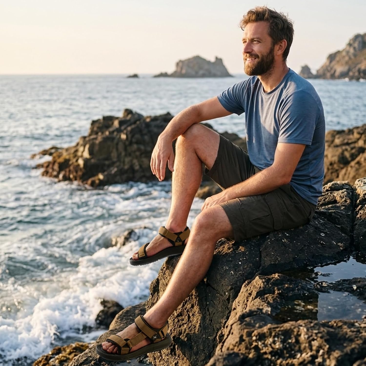 Mens Hiking Sandals with Arch Support - Cushion Sport Athletic Walking Sandles Outdoor Summer Comfortable Casual Waterproof Beach Water Sandal for Wide Feet