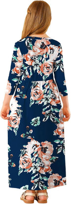 Girls Maxi Dress Floral 3/4 Long Sleeve Dresses with Pockets for Girls 6-12 Years