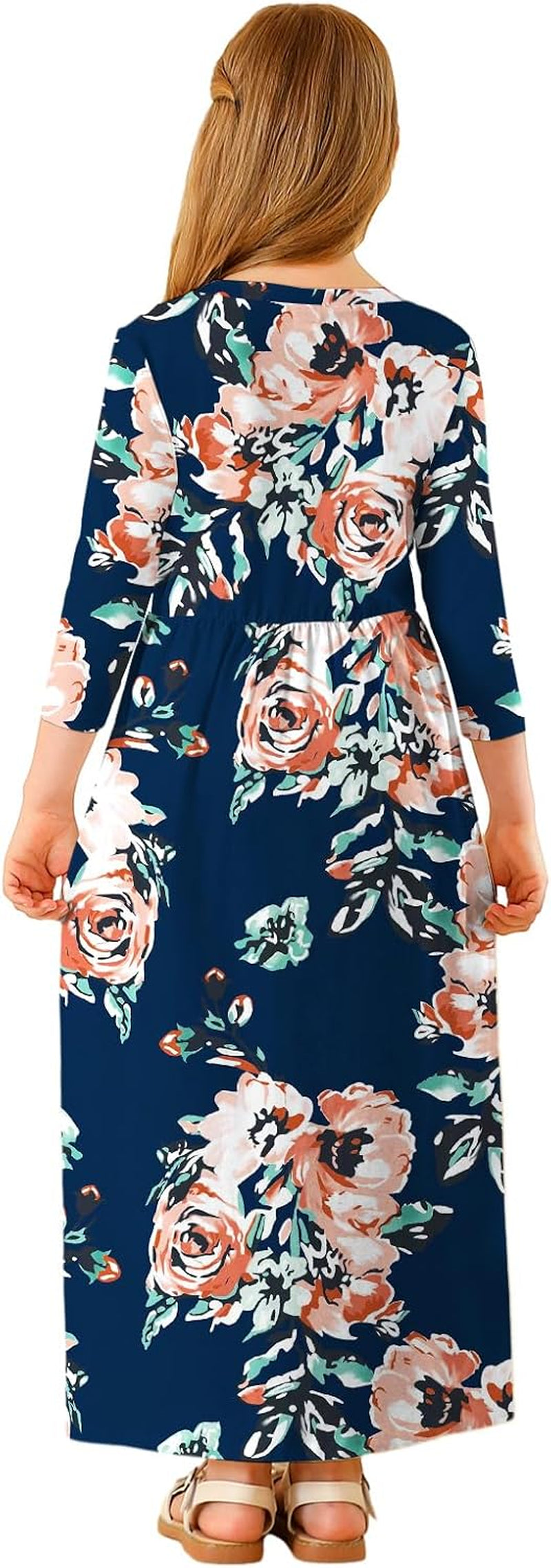 Girls Maxi Dress Floral 3/4 Long Sleeve Dresses with Pockets for Girls 6-12 Years