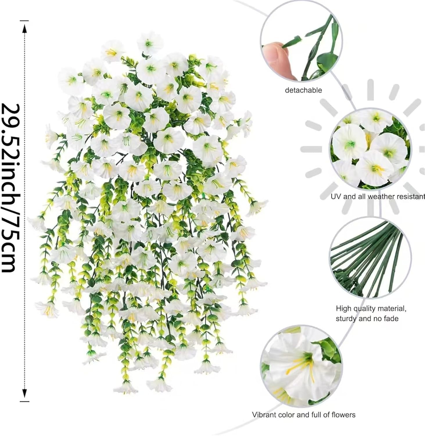 4Pack Realistic Glory Artificial Hanging Flowers, Durable Silk Fake Flowers, Artificial Petunias for Patiofor Wall Front Door Yard Garden Wedding Outdoor Decoration (White)
