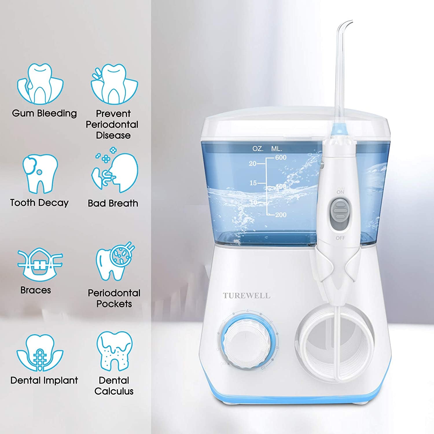 Water Flossing Oral Irrigator, 600ML Dental Cleaner 10 Adjustable Pressure, Electric Oral Flosser for Teeth/Braces, 8 Water Jet Tips for Family (White)