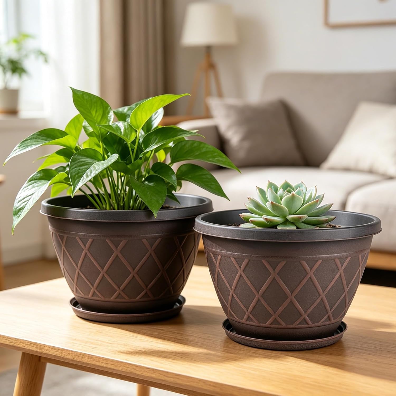 6 Pack 8 Inch Plant Pots, Planters with Drainage Holes & Saucers | Modern Imitation Faux-Fence Texture Plastic Flower Pots for Indoor & Outdoor Plants, Succulents, Flowers, and Herbs (Brown)