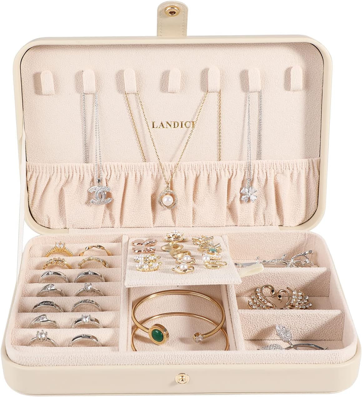 Small Jewelry Box for Women Girls, PU Leather Travel Jewelry Case, Portable Jewelry Organizer Storage Holder Display for Ring Earrings Necklace Bracelet Brooch Men Kids Gift, Apricot