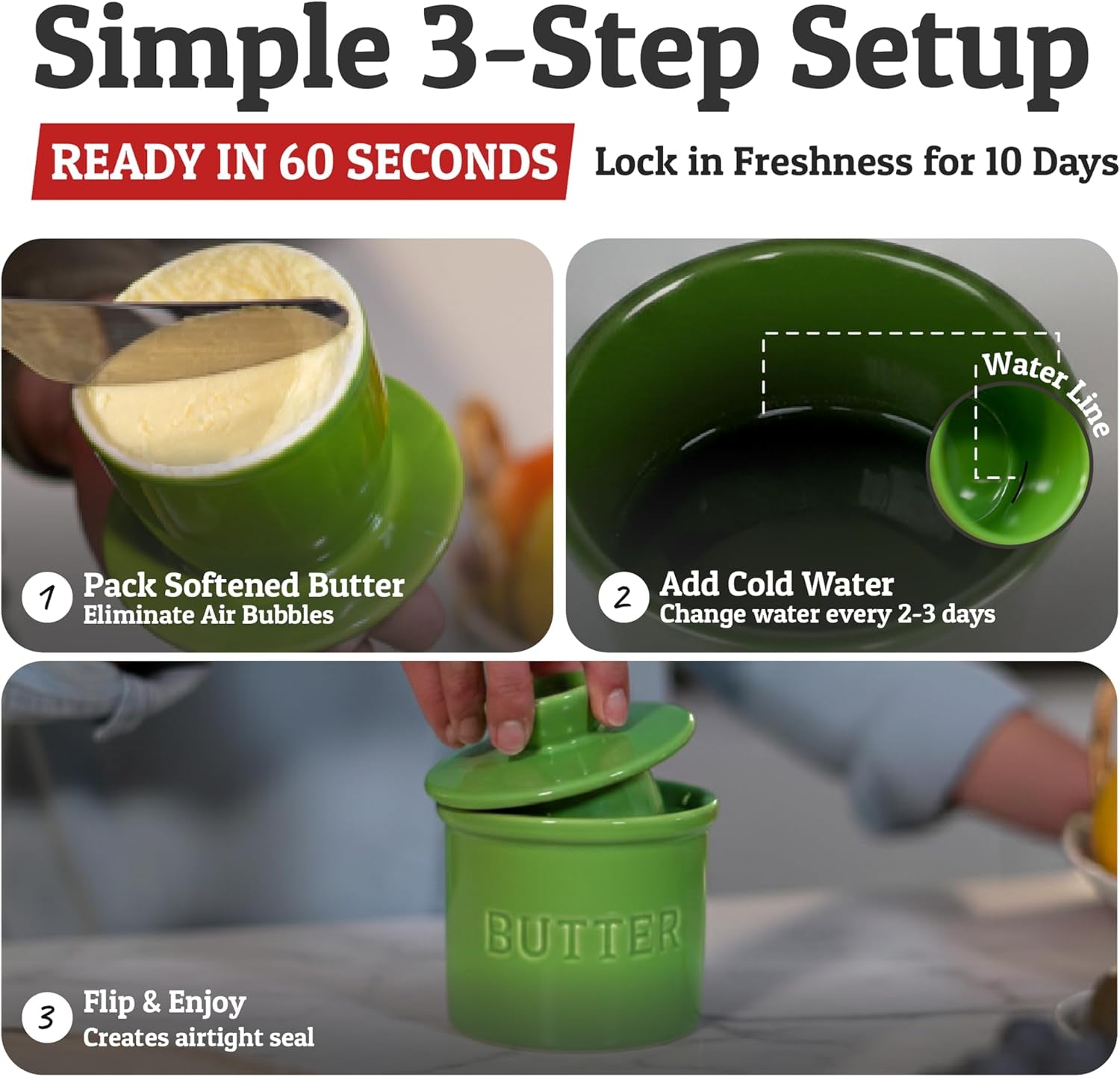 Butter Crock with Lid for Countertop with Spreader Knife and Water Line, Soft Spreadable Butter, Ceramic French Butter Dish with Lid, Green